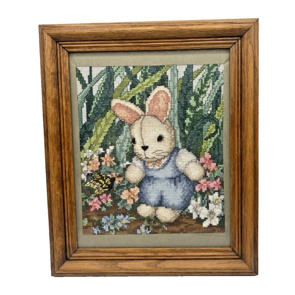 Framed Needlepoint Bunny Rabbit Floral Cottagecore Easter Spring Wall Art 12 In